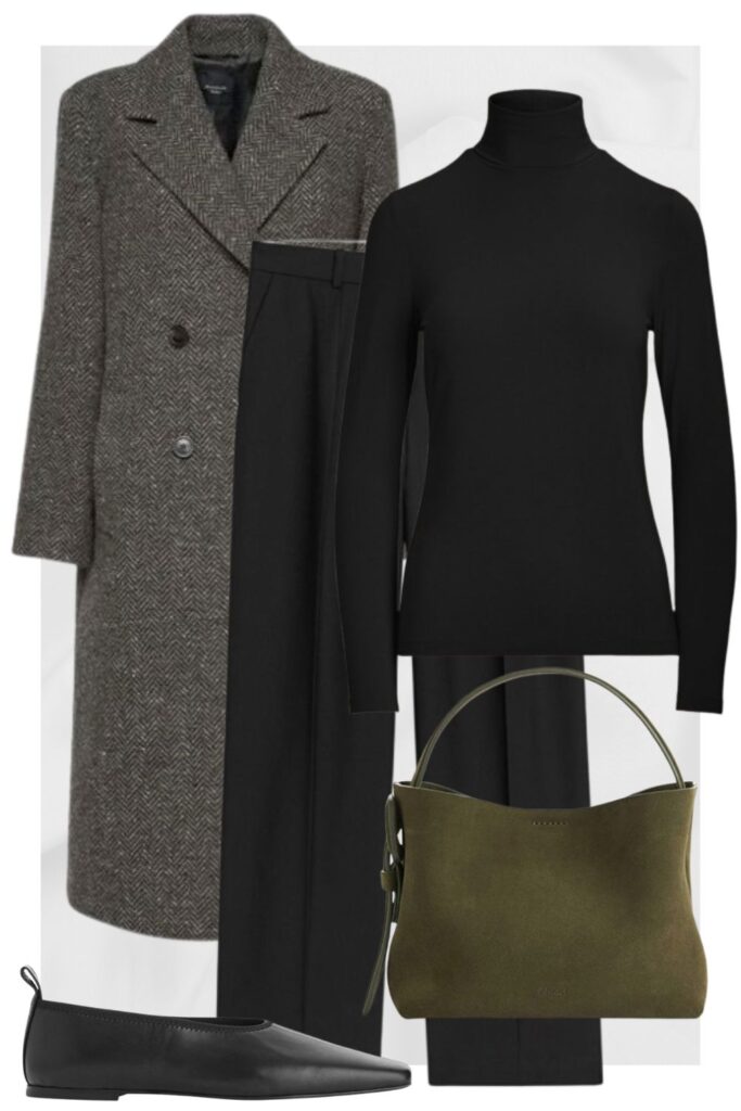 grey coat green bag