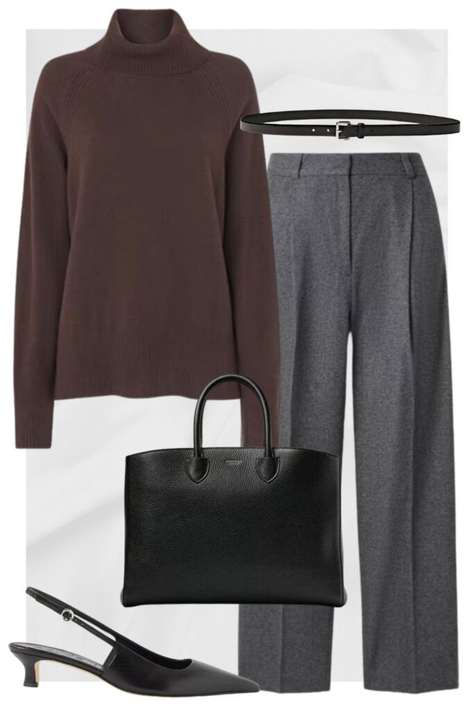 brown turtleneck, grey trousers