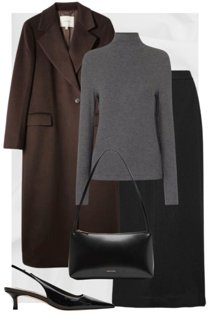 grey turtleneck, brown coat