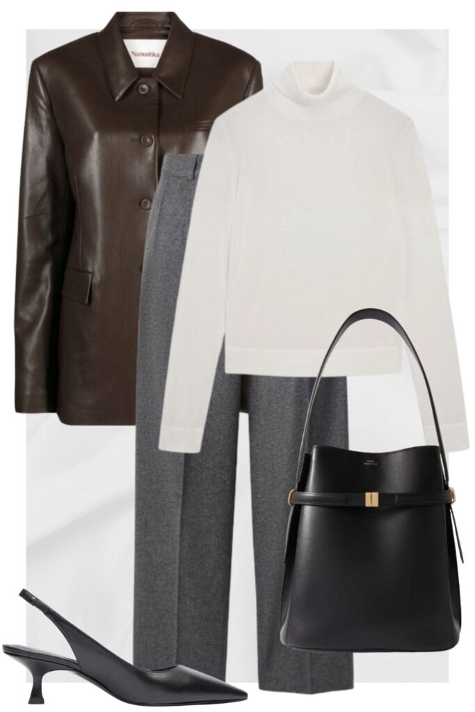 white turtleneck, brown blazer