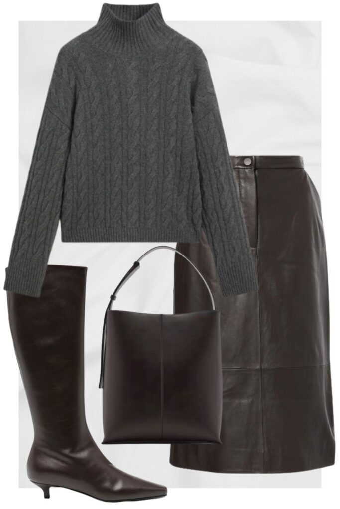 grey cable knit jumper, leather skirt